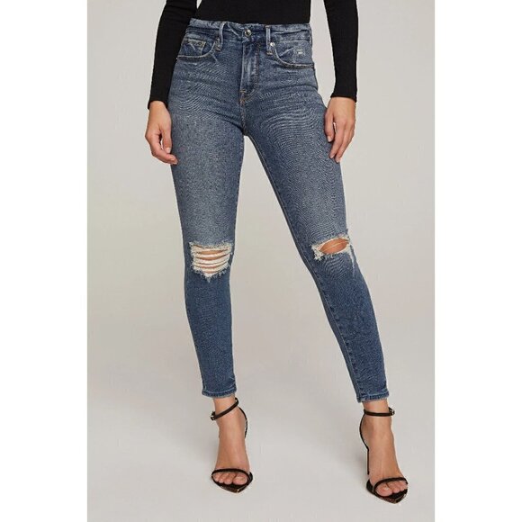 NWT Good American Good Legs Crop Distressed Knee High Rise Skinny in Blue 18 - Picture 1 of 4